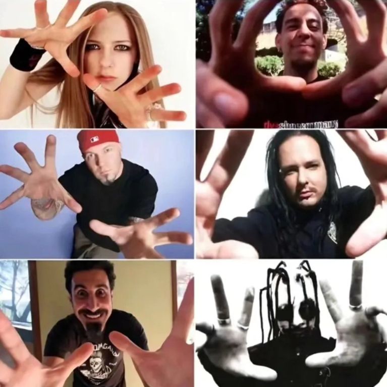 several 2000s musicians putting their hands towards the screen