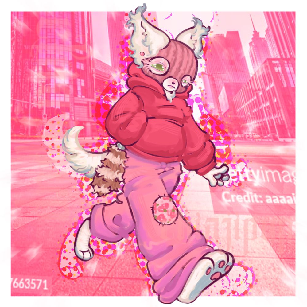anthro longhaired white chihuahua wearing a pink outfit and matching skimask, strutting down a stock image sidewalk