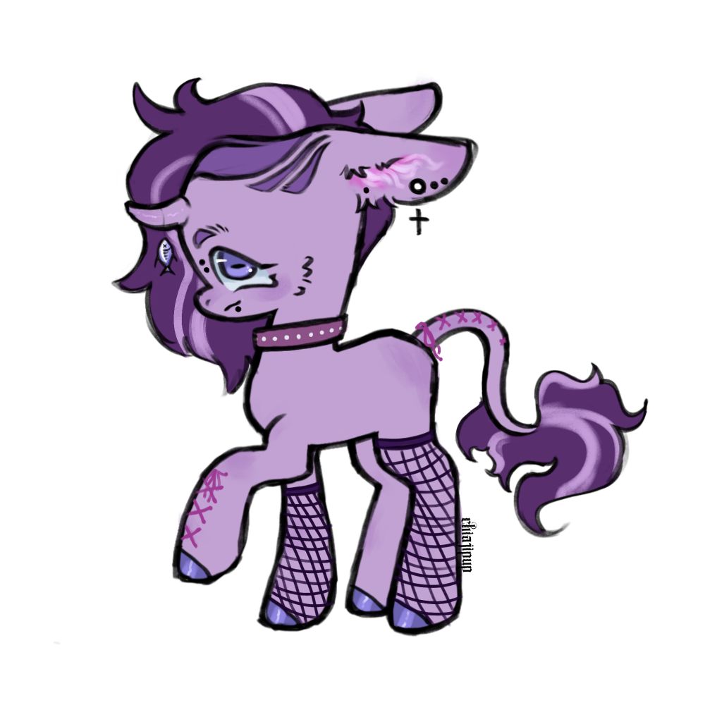 a purple pony with several piercings on their face and ears, lace on their tail and leg, and a super cool haircut. they have a horn that curves upwards, with a fish charm dangling off. 