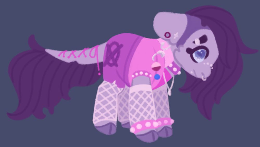 the same purple pony, but younger, lacking lots of confidence, with a scrappy but wholesome "middle school punk" aesthetic.