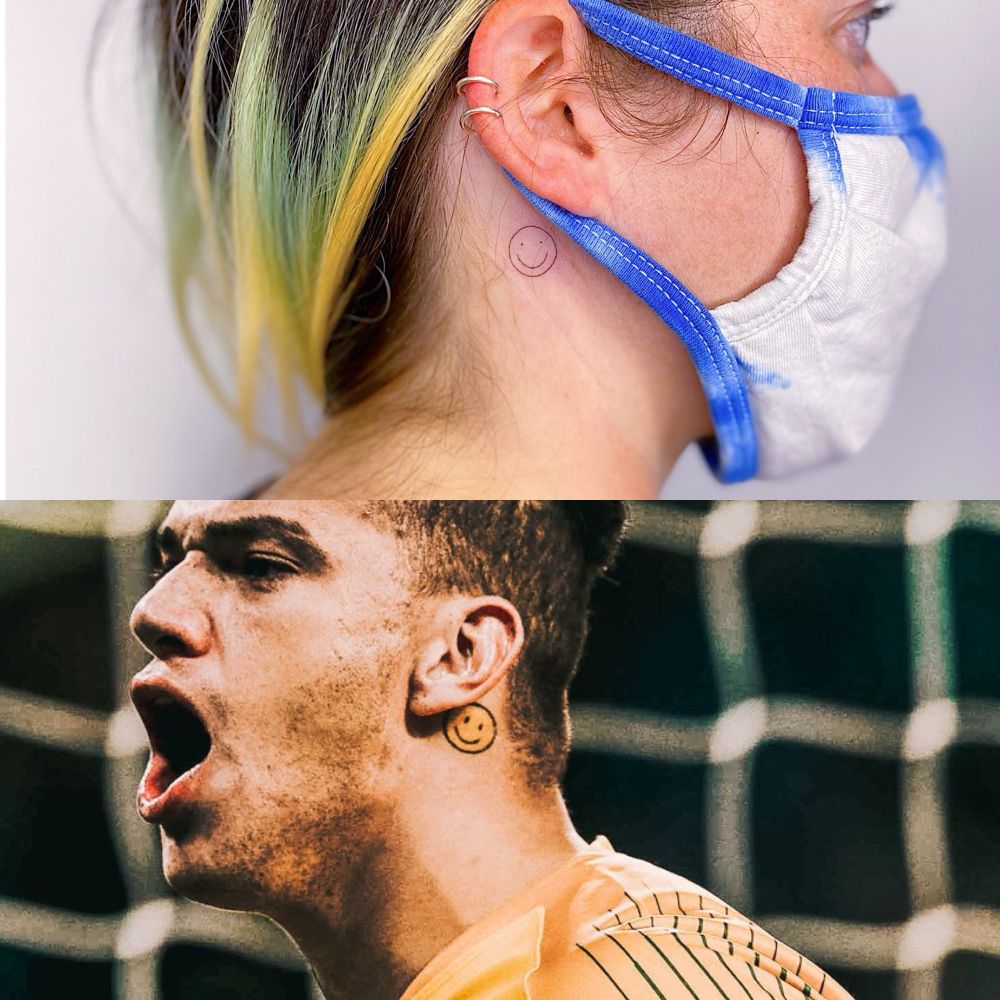 side by side from 2020 of the smiley face behind the ear tattoo on me (above) and ederson (below)