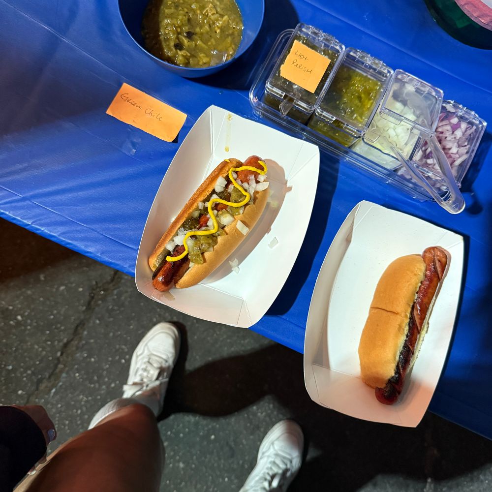 overhead shot of a hotdog and condiments from a plancha in LA