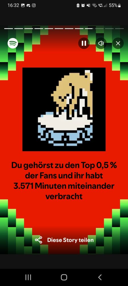 Another screenshot of the poster's Spotify Wrapped 2024. This one adds - in german - that the poster is in the Top 0.5% of Fans and has listened to their music for 3571 minutes.