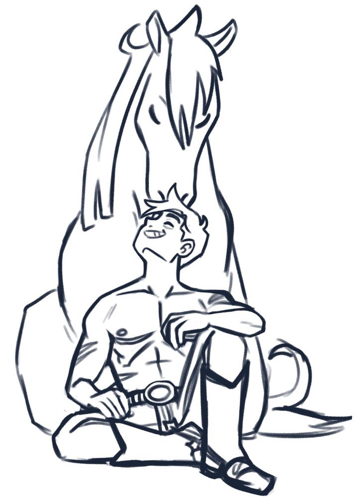 Rey sitting down and smiling up at their horse right behind them 