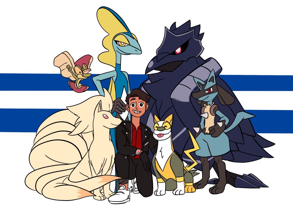 Original character Rey with Pokémon team from 2019 sword and shield game. 