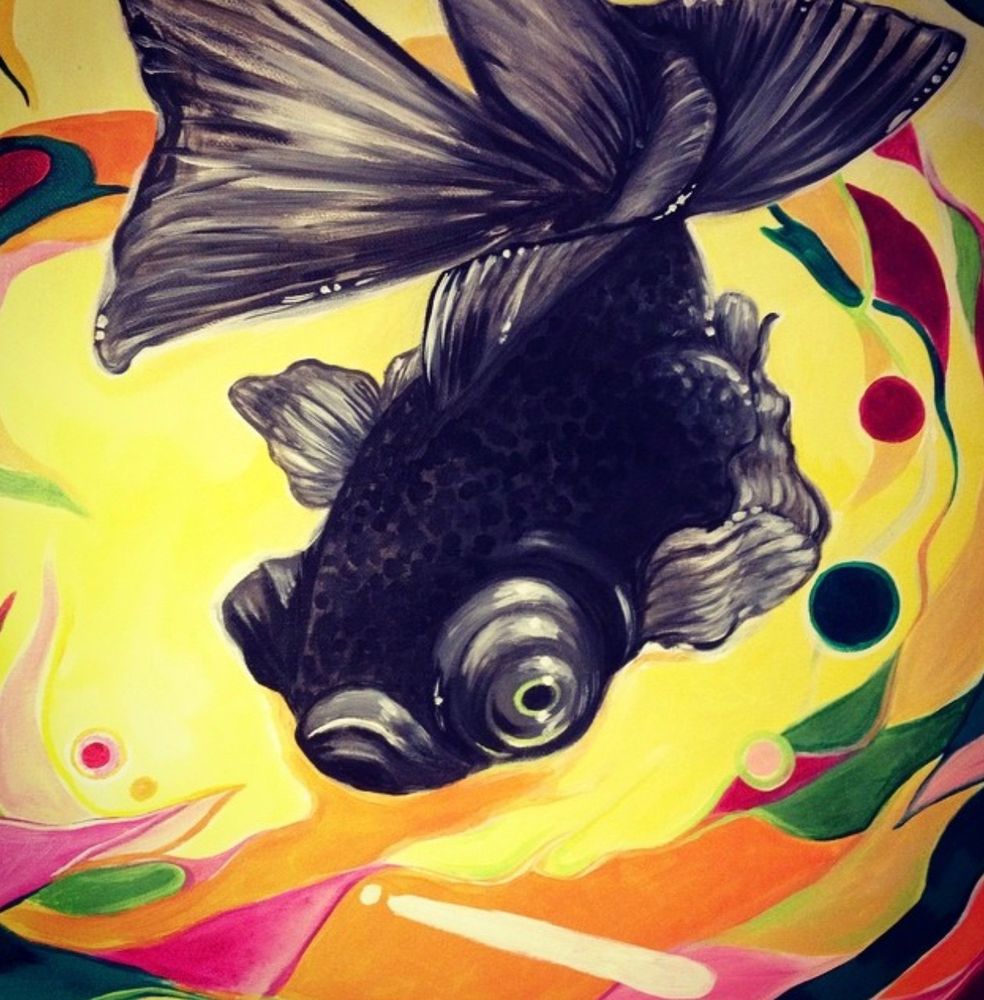image of a cropped 16x20 inch acrylic painting with a black goldfish on a background of abstract + geometric forms of red, green, pink, and orange

from 2014 