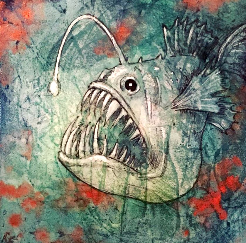 painting of a deep sea anglerfish stylized in ink watercolor, metallic acrylics on heavily textured canvas. 

(commissioned work from 2017-2018, part of a set)