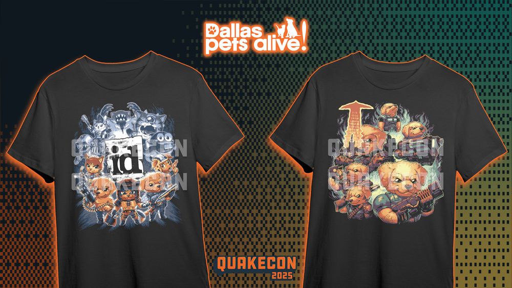 Art features two t-shirts, left featuring id Software characters as dogs and cats. Right features dogs as the DOOM Slayer from various DOOM titles.