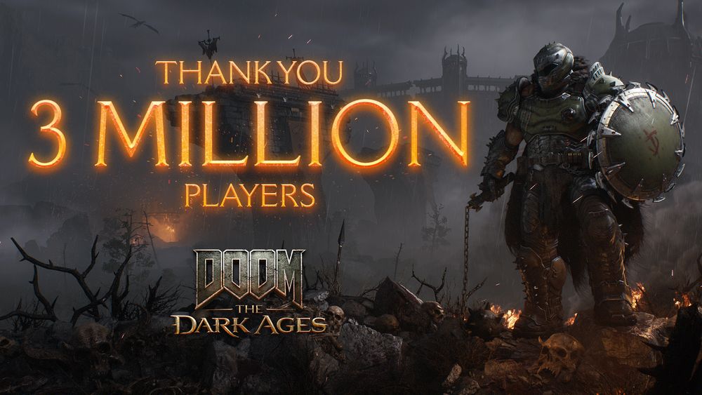 Image of DOOM: The Dark Ages depicting the main menu scene of a rainy medieval battleground lined with rocks and demon skulls. The game’s protagonist, the DOOM Slayer, stands at the ready looking over to the glowing golden text says, “THANK YOU 3 MILLION PLAYER” overtop the DOOM: The Dark Ages logo.