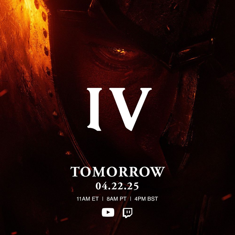 Smoldering orange and red embers reflect in the eye of an armored Hero. White numerals in the center of the image read out "4". Below the text on the image reads "Tomorrow, 04.22.25." "11am ET, 8am PT, 4pm BST" on Bethesda's YouTube and Twitch channels.