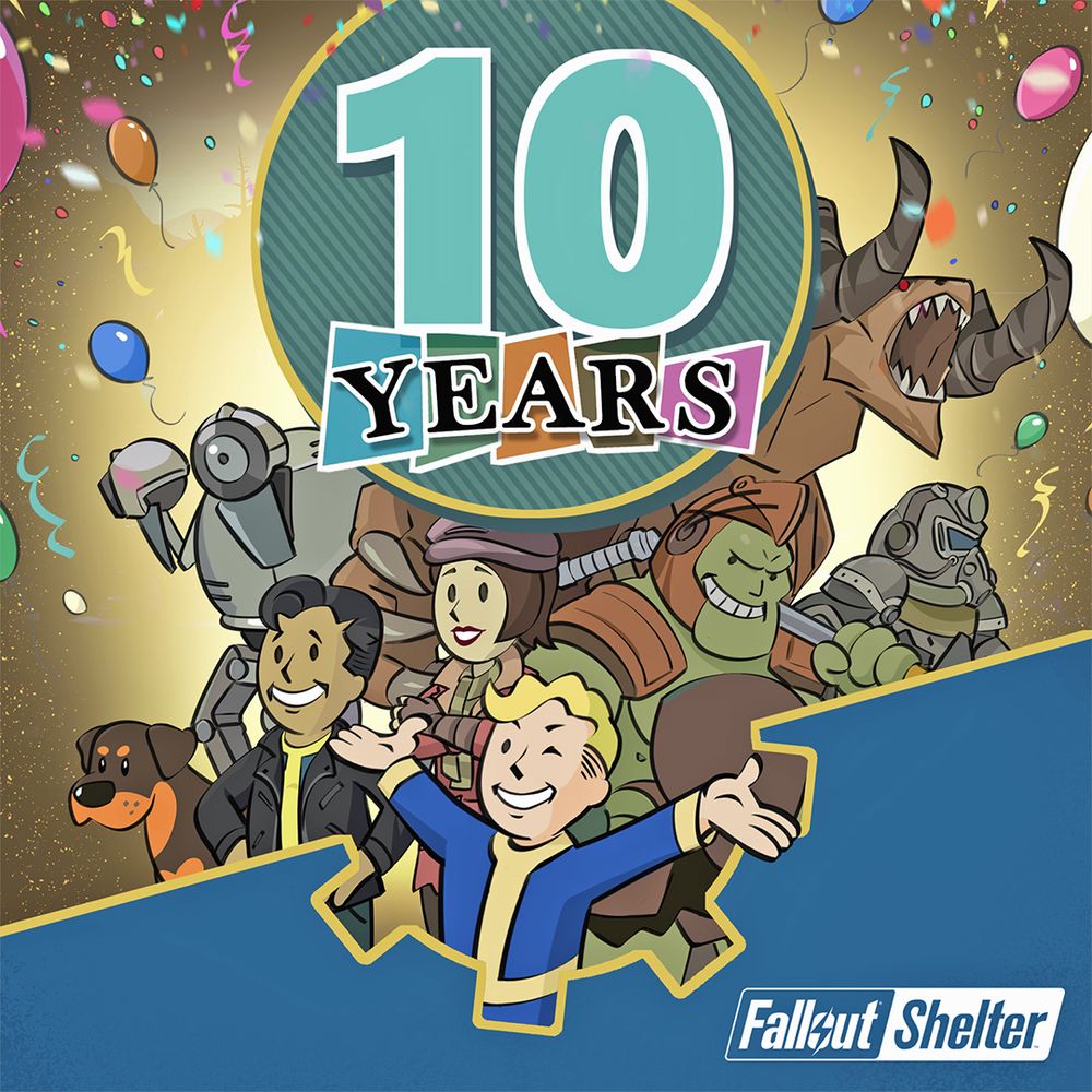 An image featuring Vault Boy surrounded by characters from Fallout such as Mr. Handy, Butch, and Piper along with confetti and balloons and the text "10 Years" with the Fallout Shelter logo in the corner