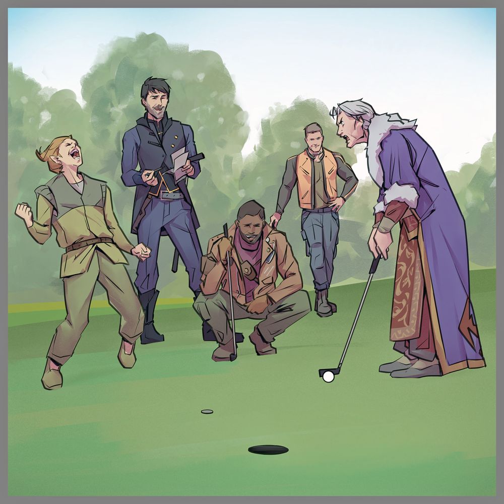 An image of Bethesda game fathers (Corvo Attano. B.J. Blazkowicz, Colt Vahn, & Emperor Uriel Septim VII) playing the inaugural Bethesda Father’s Day Golf Tournament on a clear Sunday morning. The Emperor appears to yell “BY THE NINE!” towards the Adoring Fan who is eagerly cheering for him to sink his putt, while the rest of the crew has a laugh at the exchange.  