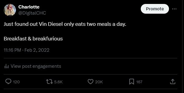 Screenshot of tweet from charlotte. Text reads "Just found out Vin Diesel only eats two meals a day. Breakfast & breakfurious"

Tweet has 120 replies, 5.6k retweets, 20k likes and 167 bookmarks