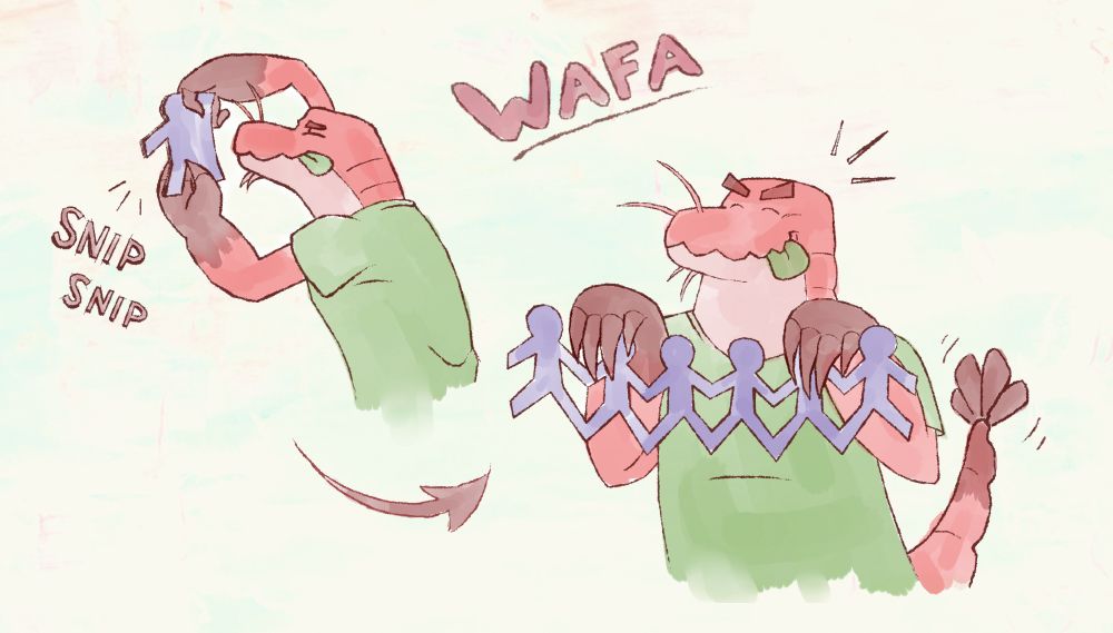 lobster Wafa cutting up some paper with his claws, then unfolding them to reveal a paper doll chain