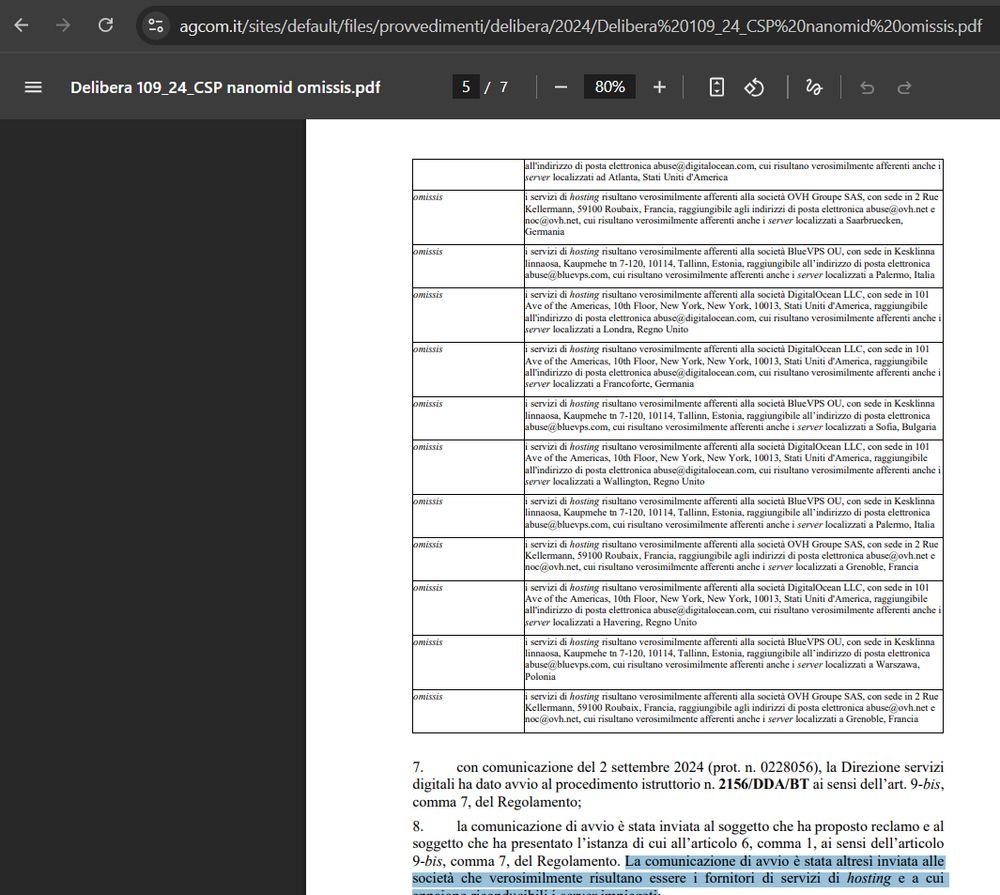 Estratto da delibera 109/24/CSP - decisione su reclamo Nanomid

https://www.agcom.it/sites/default/files/provvedimenti/delibera/2024/Delibera%20109_24_CSP%20nanomid%20omissis.pdf

Nonostante il reclamo venne rigettato, furono comunque recepite da AGCOM le segnalazioni effettuate da OVH + DigitalOcean + BlueVPS + Serverius sui blocchi di alcuni loro IP nel corso della relativa istruttoria proc. 2156/DDA/BT. 