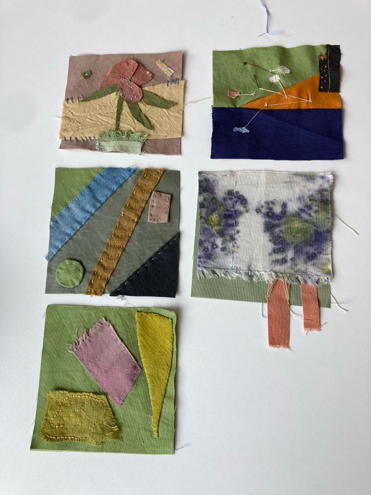 What our table produced in an hour: five little stitched squares 