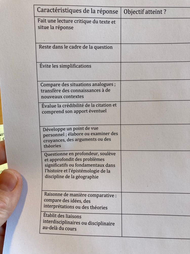 Tableau des critères tirés des compétences clé comme “fait une lecture critique du texte et situé la réponse, évite les simplifications, compare situations analogues, évalué crédibilité de la citation et son apport éventuel, développe un pt de vue personnel, questionne en profondeur, élabore ou examine des croyances, arguments ou théories, raisonne de manière comparative et établit des liaisons interdisciplinaires ou disciplinaires “