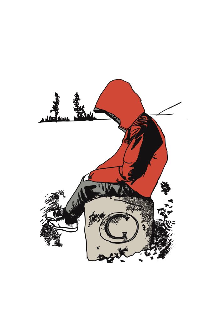 Un petit personnage dans une veste rouge à capuche est assis sur une borne frontière 