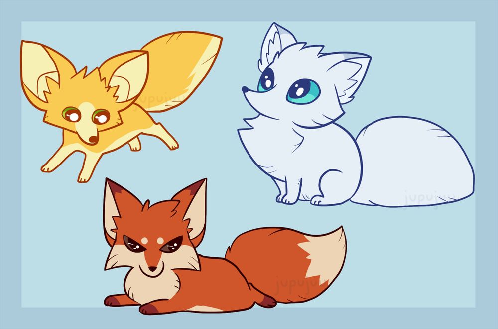 Digital drawing of three stylized cartoony fox cubs, on a light blue background, and the foxes are separate from each other, not interacting. One of them is a yellow fennec fox that's looking to the side as it's leaping forward. Second one is a very fluffy, light blue arctic fox with large, teal eyes. It's sitting down and looking up. The third one is a red fox; it's laying down and looking angrily to the side.