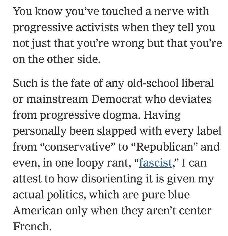 You know you’ve touched a nerve with progressive activists when they tell you not just that you’re wrong but that you’re on the other side.

Such is the fate of any old-school liberal or mainstream Democrat who deviates from progressive dogma. Having personally been slapped with every label from “conservative” to “Republican” and even, in one loopy rant, “fascist,” I can attest to how disorienting it is given my actual politics, which are pure blue American only when they aren’t center French.