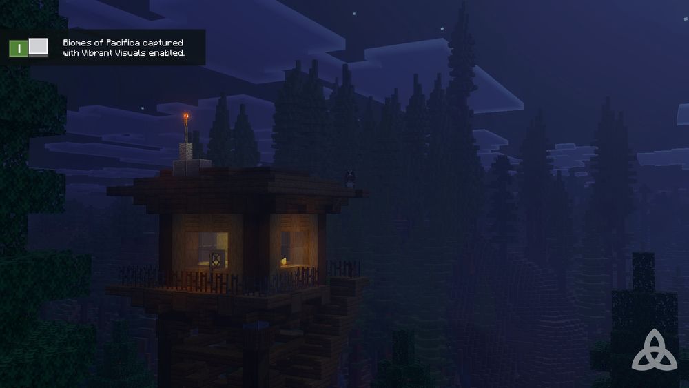 A dimly lit fire watch tower overlooks a redwood valley in Minecraft with Vibrant Visuals enabled. A spotted owl sits atop its roof.