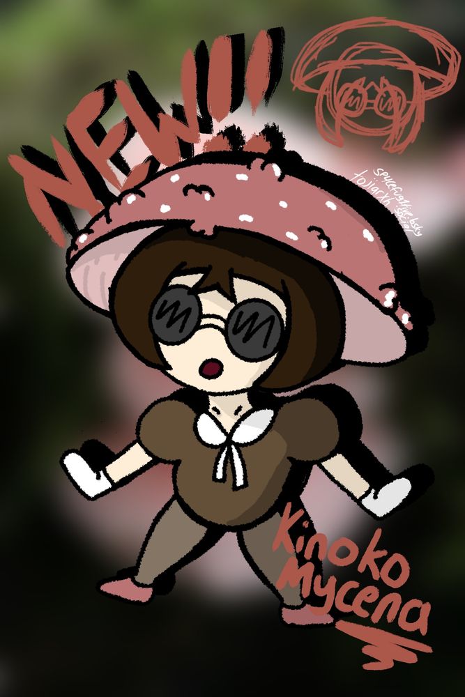 Kinoko Mycena, a short mushroom girl loosely based off the "mycena roseoflava"