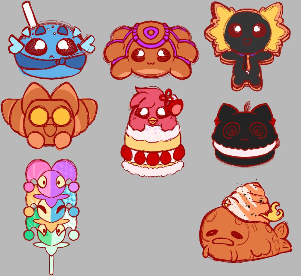 Sketches of mascots from Holostars EN mascots as pasteries.
Altventurers = Cake pops
Magmites = Jelly donuts
Axelotls = Cookie
Vesties = Croissant 
Hakkitos = Strawberry shortcake (you know if you know)
Machiroons = Macaroons (duh)
Bettelion = Dango
Koipanions = Tayaki