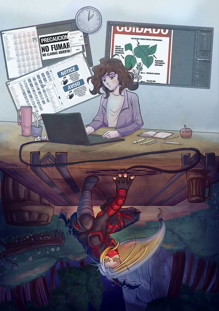A large image of two character that shows the duality of my work in the day and my WoW character I use at nights. the up image is a brunette person working on a office set up on a laptop surrounded with photoshop screenshots. The below image is blond blood elf rogue standing over the table in a camp at night. 
The composition is confronted, the below image is upside down in the same way as a poker card. 
