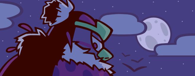 a bust shot of king dedede from kirby and the forgotten land with his back towards the camera and his head turned towards it. the background is a cloudy but starry night sky with a full moon. there are a few birds in flight.