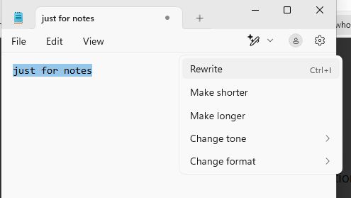 Screenshot of a notepad windows including AI Assistant