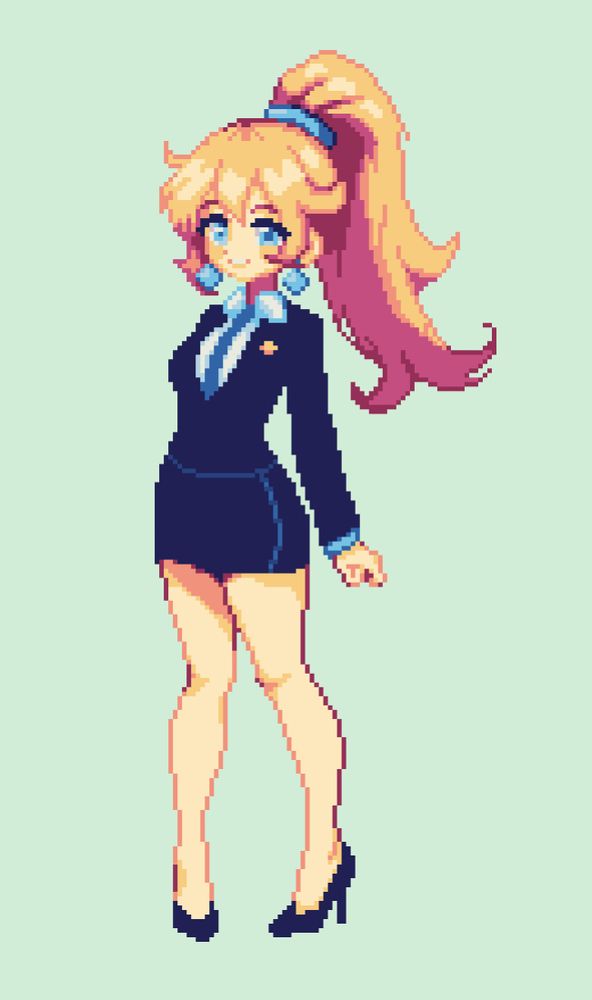 a pixel art illustration of princess peach with a ponytail, high heals, and a business outfit with a short pencil skirt.