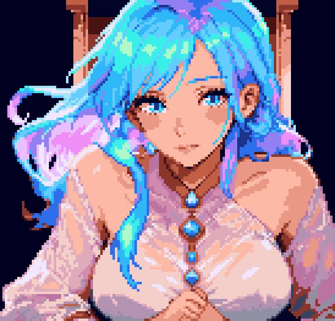 a woman with multicolor blue and purple hair with a see through clothing looking expectantly.