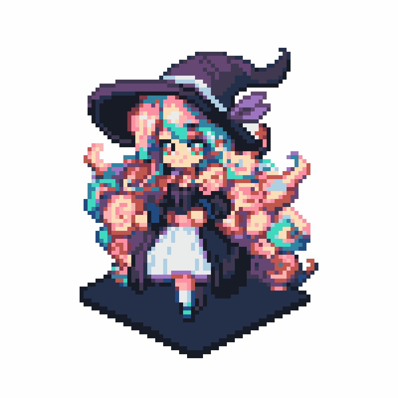 a pixel art sprite of nia tepplin, in a witch's outfit. it is very small.