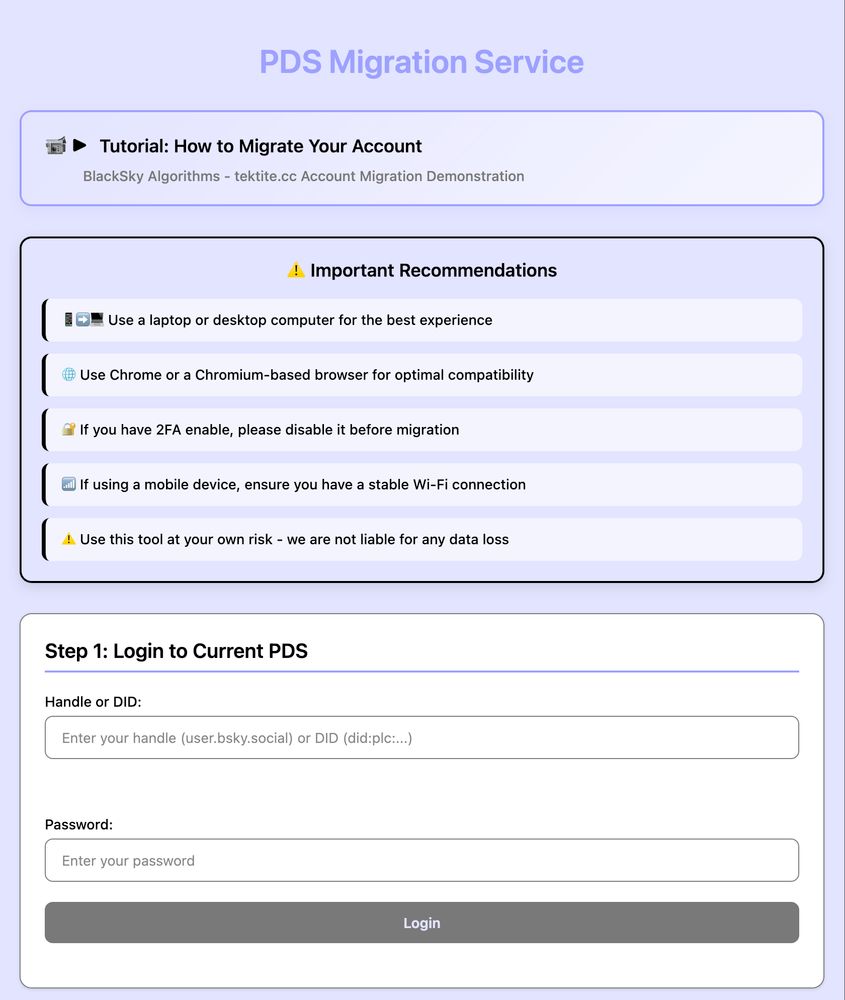 screenshot of tektite.cc - with new video accordion for folks that want to know how to use migrate their account to blacksky