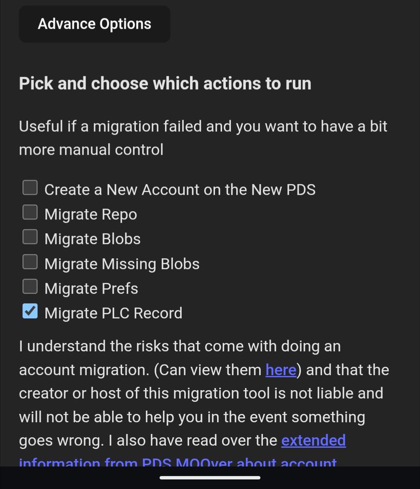 Pdsmoover.com advance options with everything unselected except for "Migrate PLC Record"
