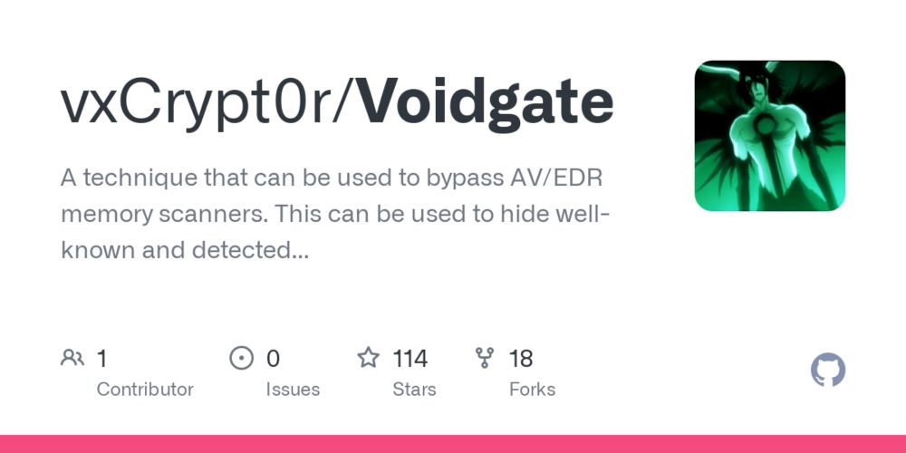 GitHub - vxCrypt0r/Voidgate: A technique that can be used to bypass AV/EDR memory scanners. This can be used to hide well-known and detected shellcodes (such as msfvenom) by performing on-the-fly decr...