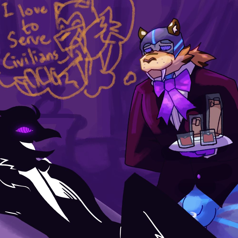 tiger-sabretooth hero as a butlet to a crow villain but the hero is hypnod into thinking he is serving a civillian