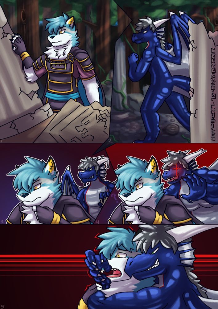 a dragon ambushing a folf. the folf is exploring some ruins