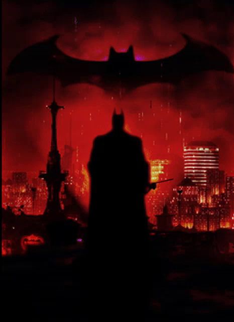 a silhouette of batman is against a red background