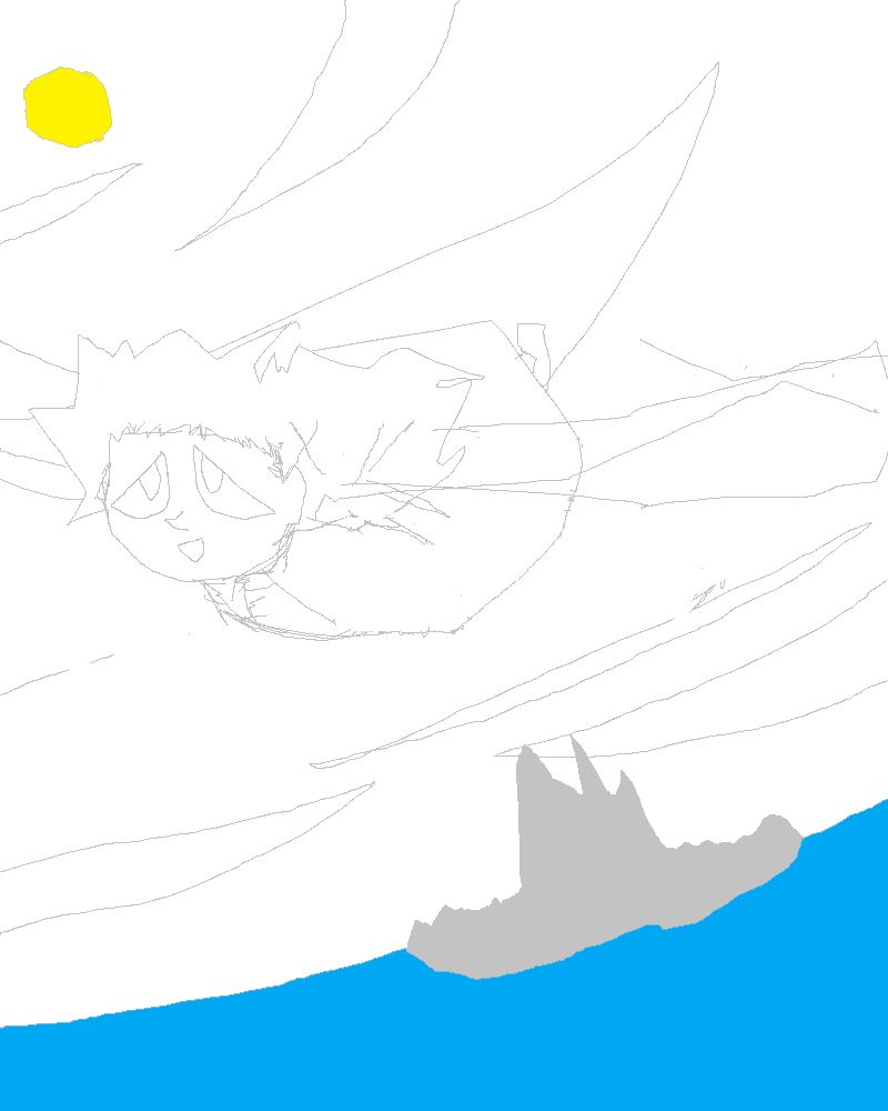 unfinished work-in-progress piece showing an angel gliding over the ocean. the sea, a rocky island and the sun are all coloured in, but the sky and the angel are not. 