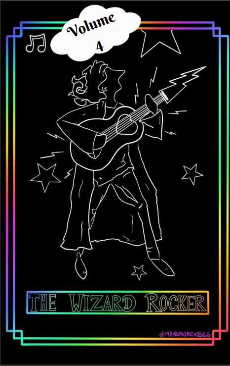 All black cover of The Wizard Rocker" with a rainbow border, a cloud that says "Volume 4" and the outline of a wizard playing a guitar with a lightning bolt end and a heart in the middle