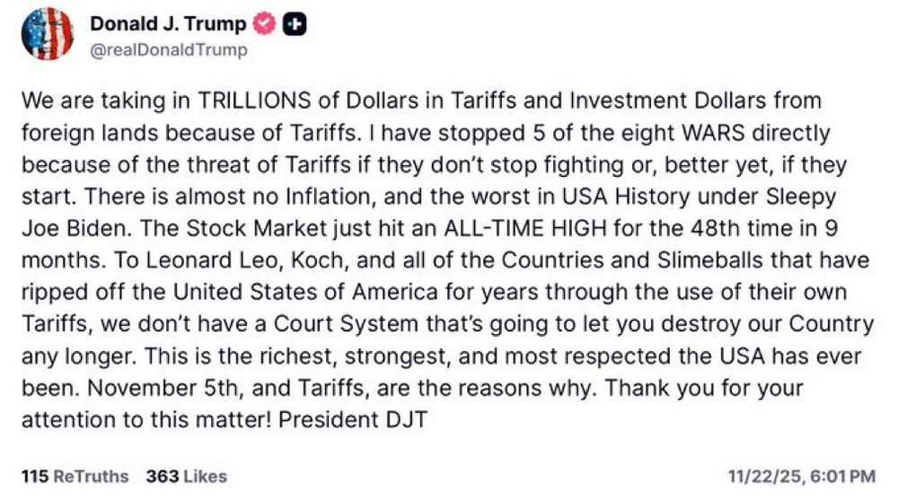Trump post about tariffs and greatness. 