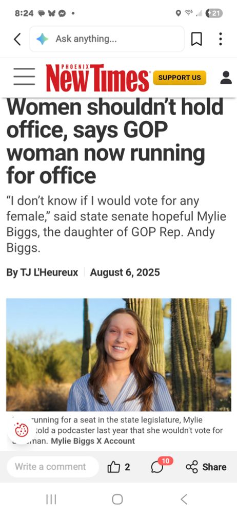 Headline of Phoenix New Times.  Women shouldn't hold office says GOP woman now running for office.  A picture of Mylie Biggs in front of a cactus.  She's smiling. 