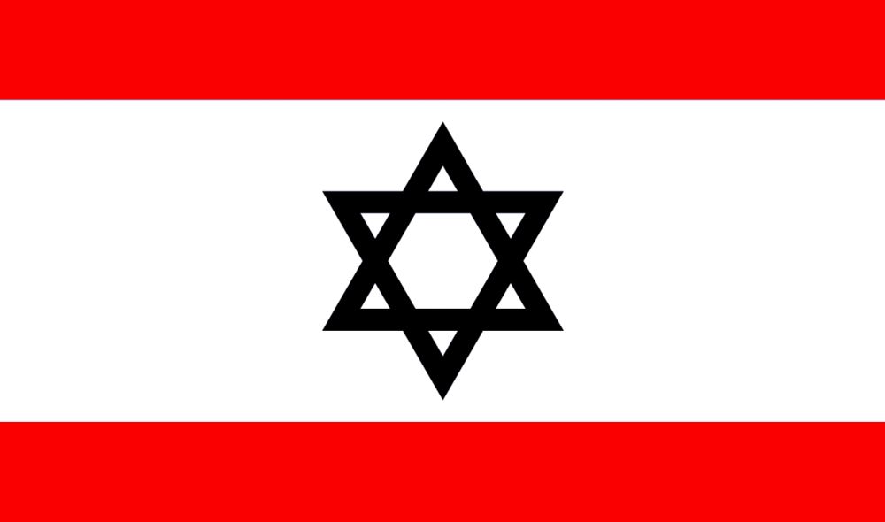 The flag of the state of Israel but with the colours changed: red stripes on a white field with a black star of David