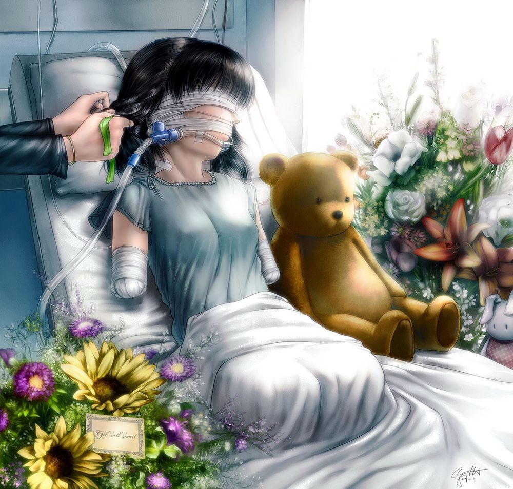 anime-style guro fetish art of a quadruple amputee resting in a hospital bed. she is sitting next to a teddy bear while her eyes, mouth, and stump arms are bandaged up. her legs are draped in a blanket