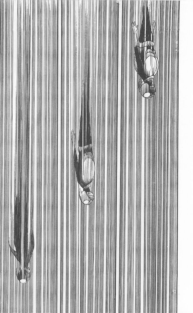 Manga scan of Kamen Rider (1971) by Shotaro Ishinomori. The image shows 3 different stages of Kamen Rider Ichigo's head-first descent from a large height from right to left, right being the highest point and the left being the lowest.