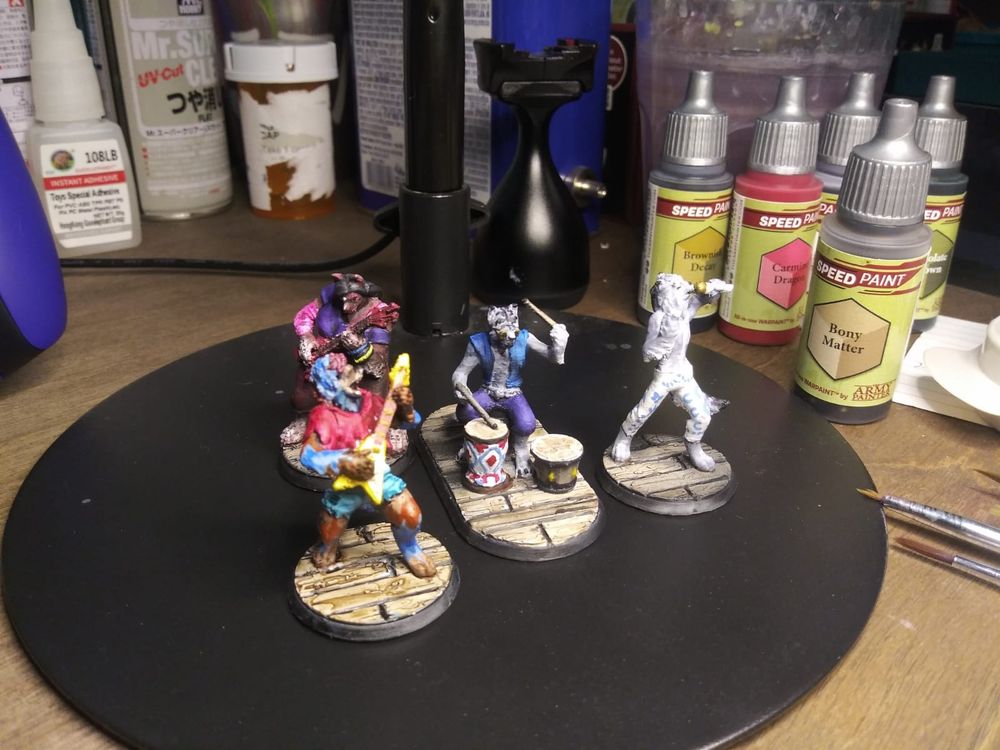 Custom-designed 3D printed miniatures of a Werewolf Band, Knight Howlers.
Lead Guitar - Rufus Shredder
Bass - Rita Gwroll
Drums, editing, lighting, booking, manager, backup vocals - Keef Moon
Lead Vocals - David Bowowie