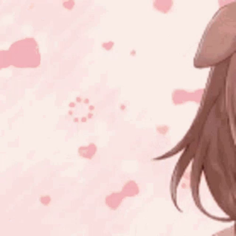 a close up of a girl with dog ears on a pink background with hearts .