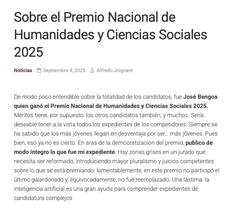 Publicación de Alfredo Joignant llorando porque no le concedieron a él el Premio Nacional de Humanidades y Ciencias Sociales 2025.