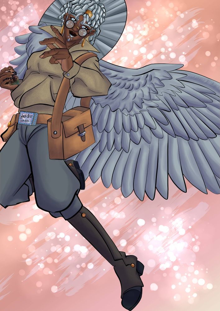 Image of a winged woman flying upwards to the left side. She has a bismuth crystal in her right hand, and her left hand is outstretched towards the viewer. She is wearing a leather bookbag, and she has a stylized halo behind her head. 